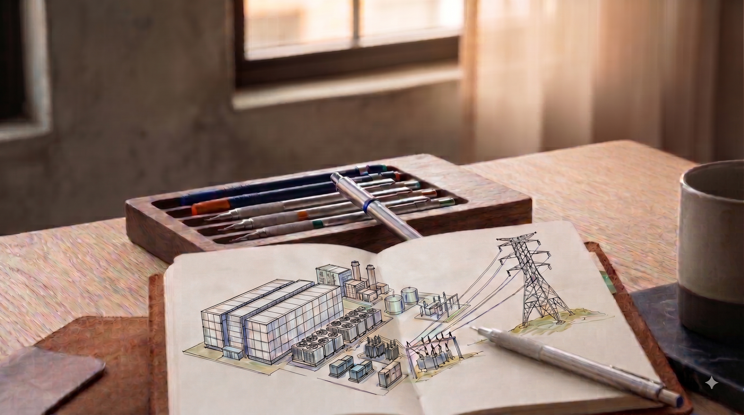 A table with a box of colored pens, an open notebook with an industrial building diagram, a pen, and a cup in the background. Sunlight coming through the window, illuminating the scene.