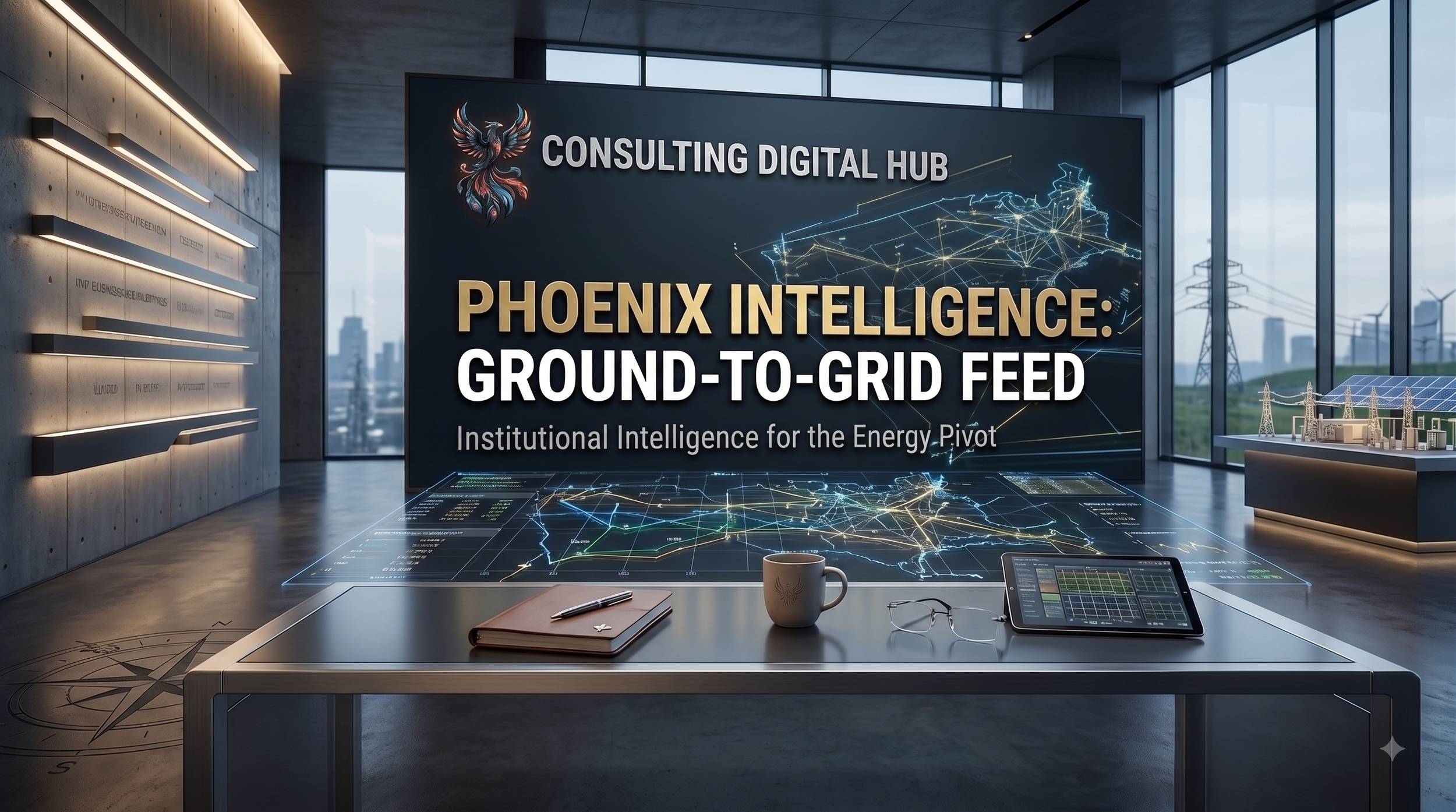 Interior of a modern office with a large display screen showing a presentation titled 'Phoenix Intelligence' related to energy grid management, with to-do list on the wall, a desk with a notebook, pen, mug, glasses, and a tablet showing data.