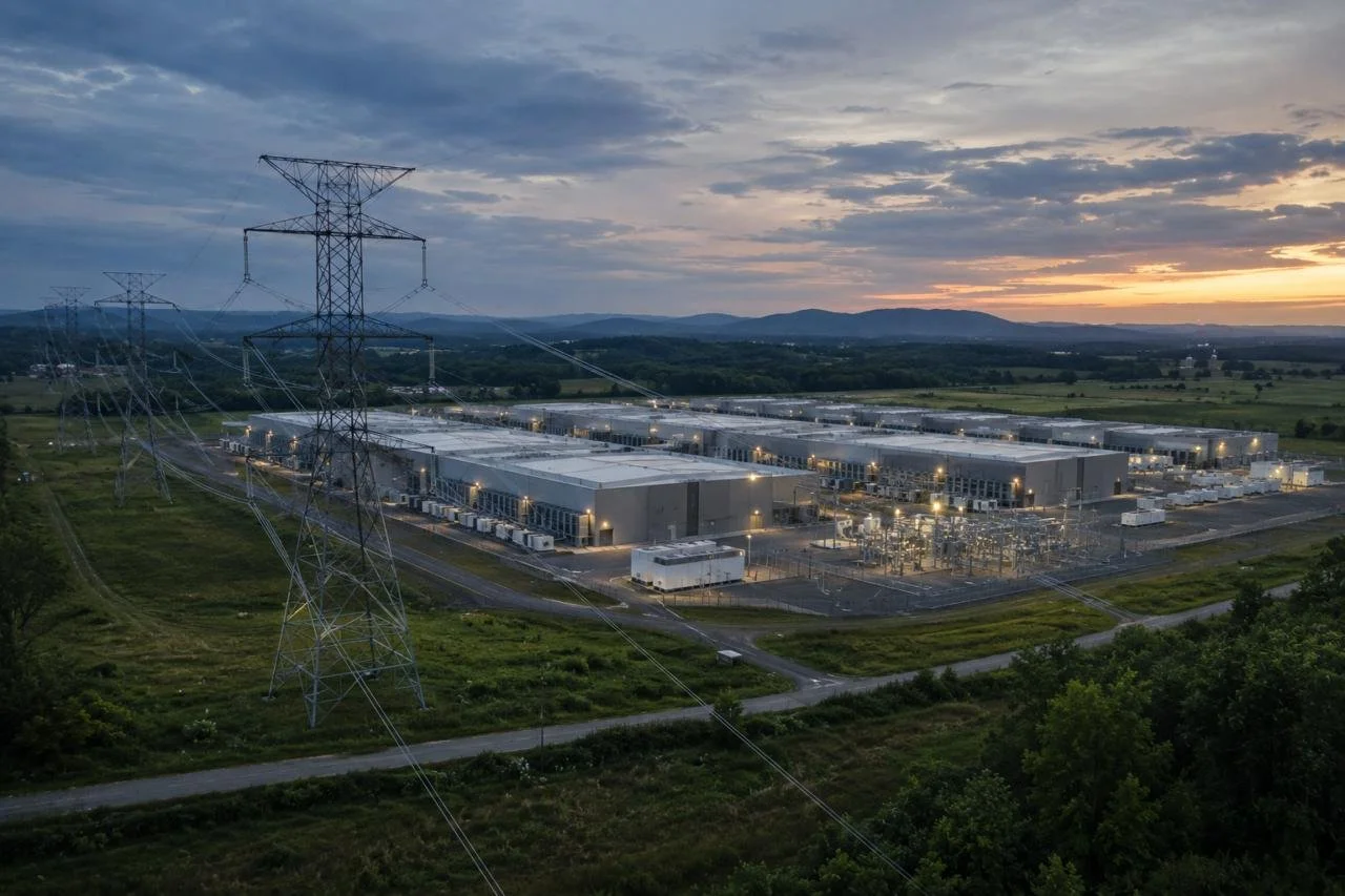 Large data center campus connected to high-voltage transmission infrastructure at sunset.