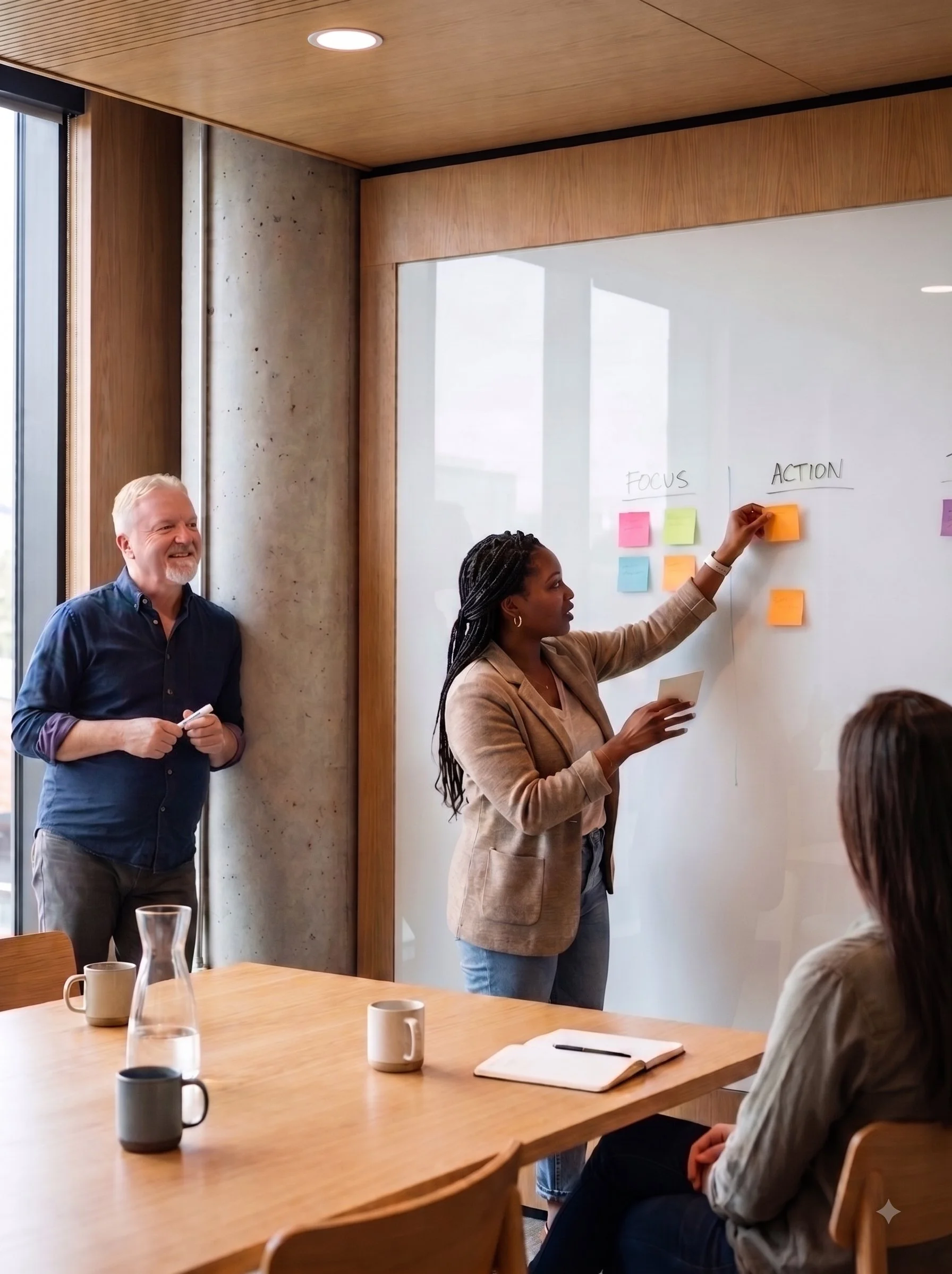 People in a meeting room with a whiteboard or glass wall displaying colorful sticky notes under the headings 'Focus' and 'Action.' One woman is placing a sticky note on the board while others observe, with a man smiling and holding a marker, and a table with cups, a water pitcher, and notebooks.