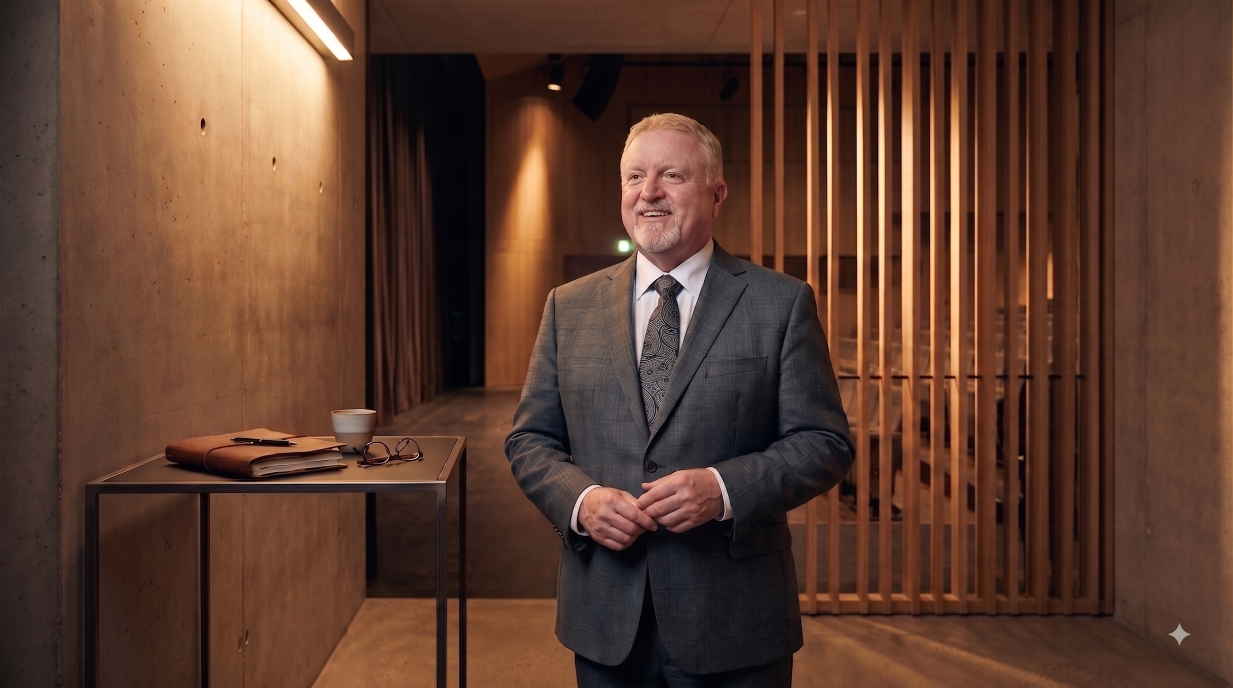 A man in a gray business suit with a patterned tie, standing in a modern, warmly-lit wooden interior, smiling and looking to his right.