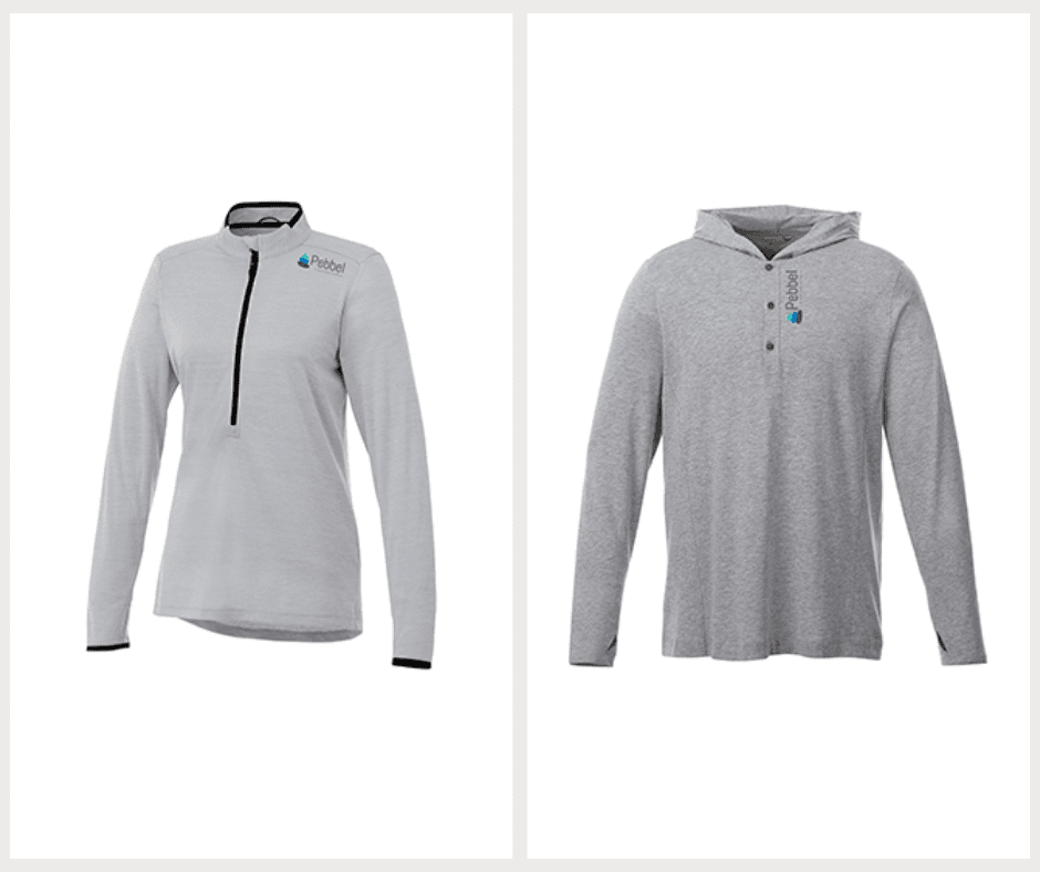 2 custom branded shirts with showing logos near the shoulder