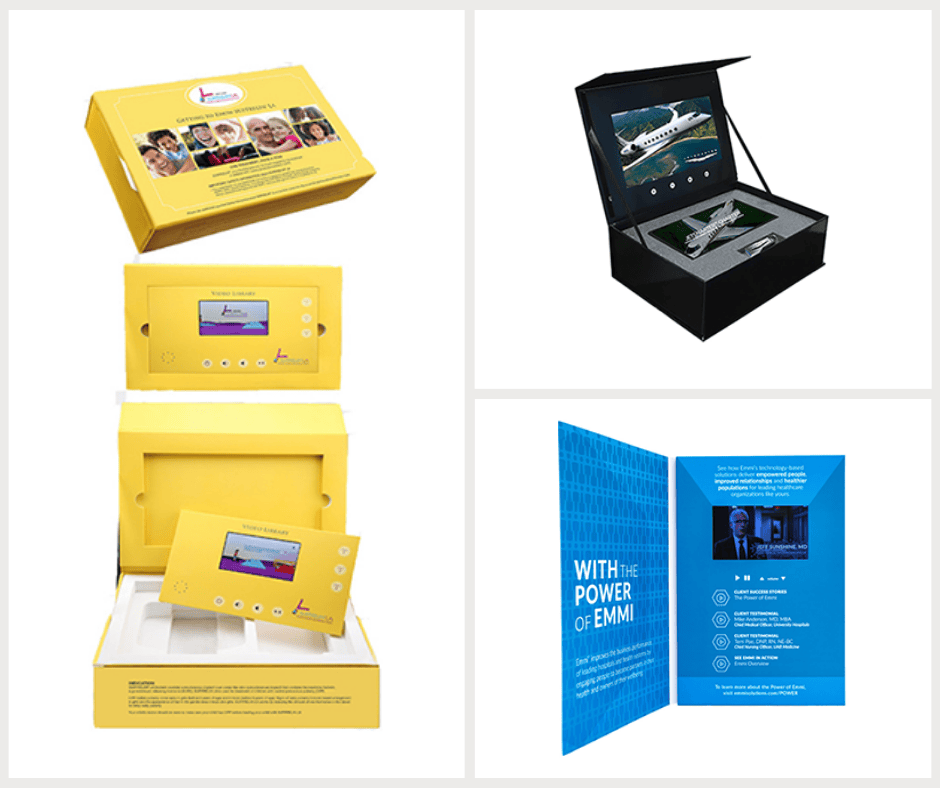 Three examples of video direct mail packages