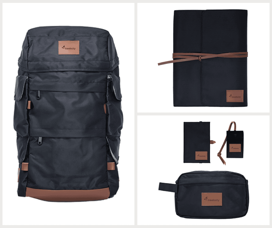 Backpack, journal, dopp kit, luggage tag, and wallet all with custom branded patches