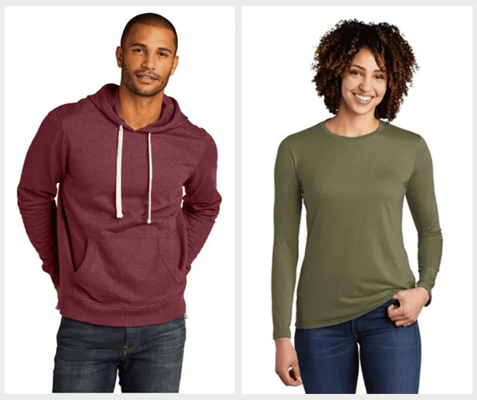 Two models showing a hoodie and long sleeve shirt made from sustainable materials