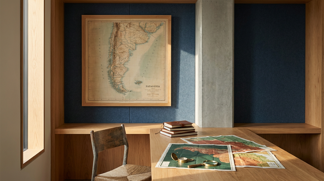 A cozy wooden desk in a room with maps and a stack of books.