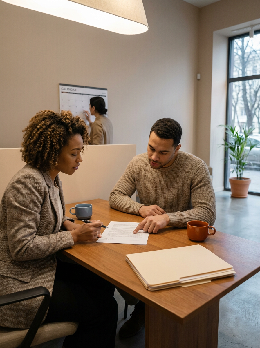 Two people having a discussion at a table with documents in an office, with a third person writing on a calendar on the wall in the background.