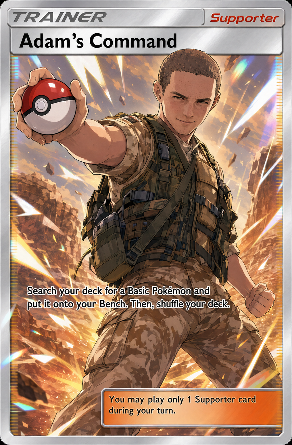 A military-themed Pokémon Trading Card Game supporter card titled "Adam's Command." It features an animated soldier in camouflage uniform holding a Pokéball. The background depicts a dramatic explosion with debris and lightning streaks.