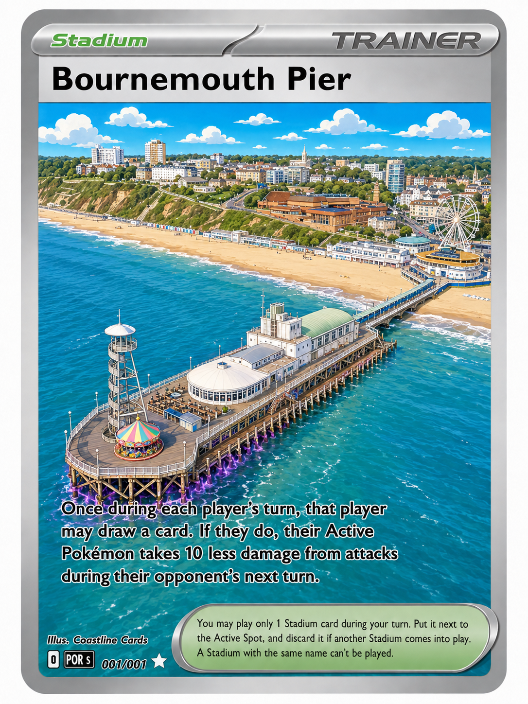 Illustration of Bournemouth Pier with amusement rides, the beach, and the city in the background, on a card titled "Bournemouth Pier" from a stadium trainer set.