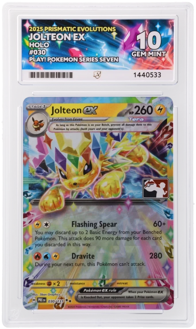 Jolteon ex 030/131 – Prismatic Evolutions – Play! Pokémon Series 7 – Grade 10 Gem Mint