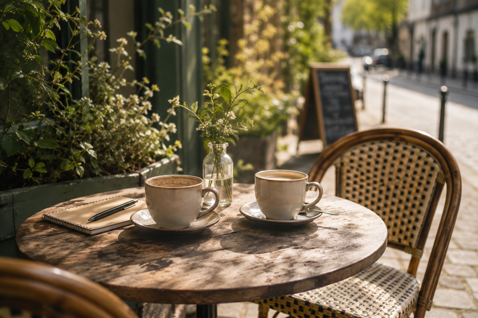 A wooden table with two cups of coffee, a notepad, and a pen, set outdoors on a sunny day with greenery and a chalkboard sign in the background.