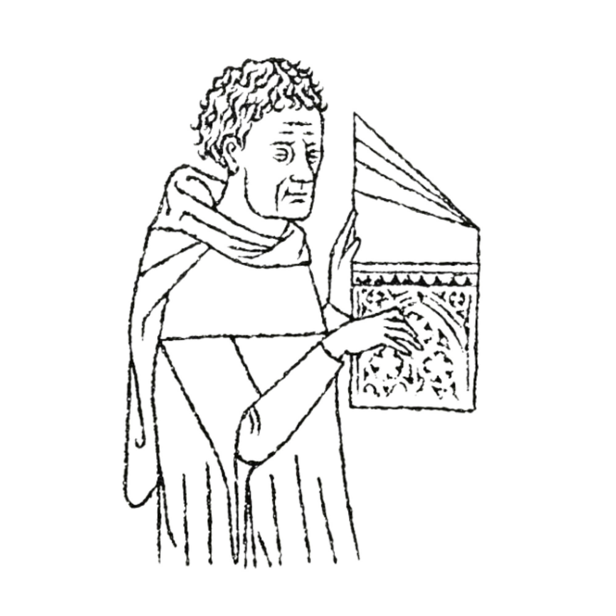 Black and white line drawing of a woman studying a book with a serious expression.