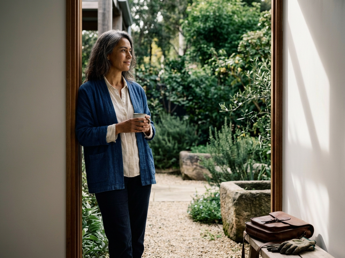 A woman stands at a doorway holding a mug, looking outside to a lush greenery garden with large rocks, plants, and trees.