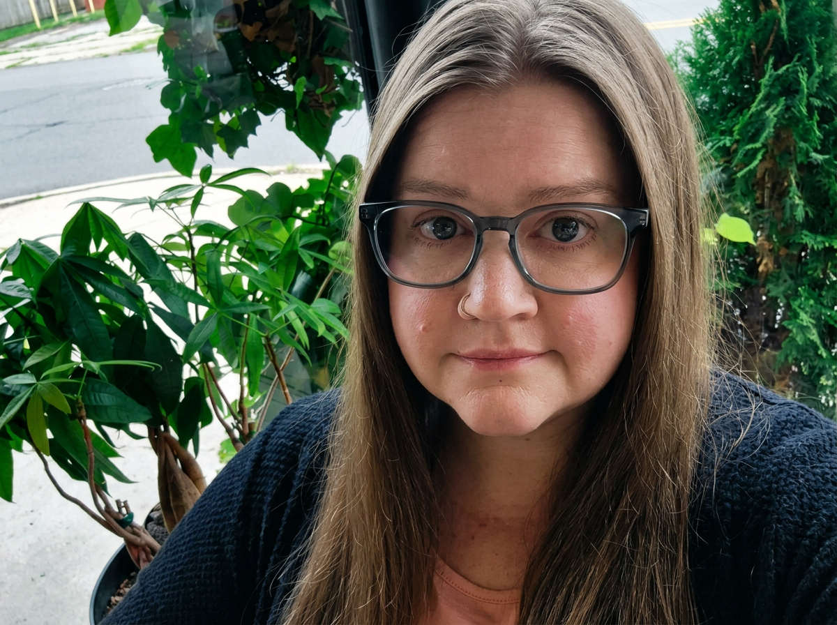 Portrait of a woman with long brown hair, glasses, and a nose ring, seated outdoors near green plants and a sidewalk.