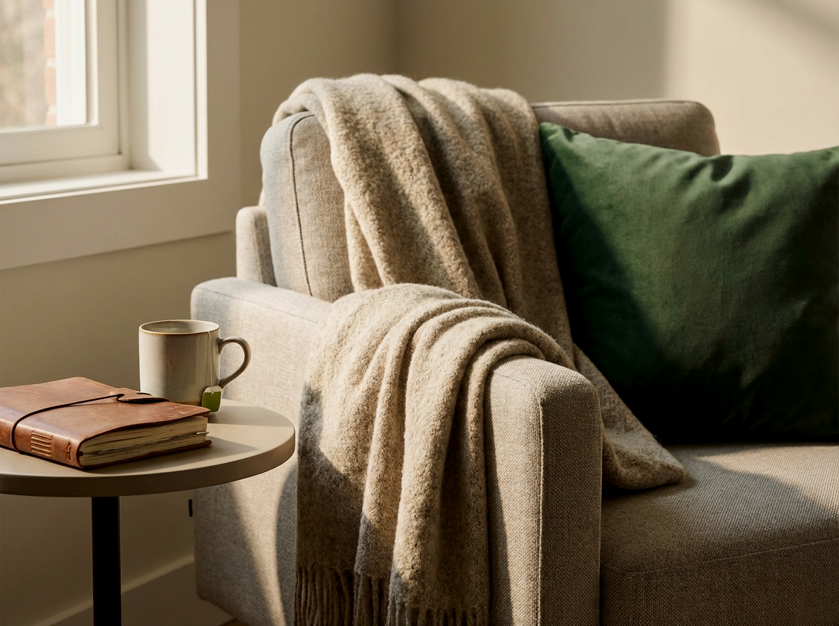 A cozy living room corner with a beige armchair, a green cushion, a soft beige blanket draped over the armrest, a white side table with a closed pink journal and a ceramic mug, near a window with sunlight.