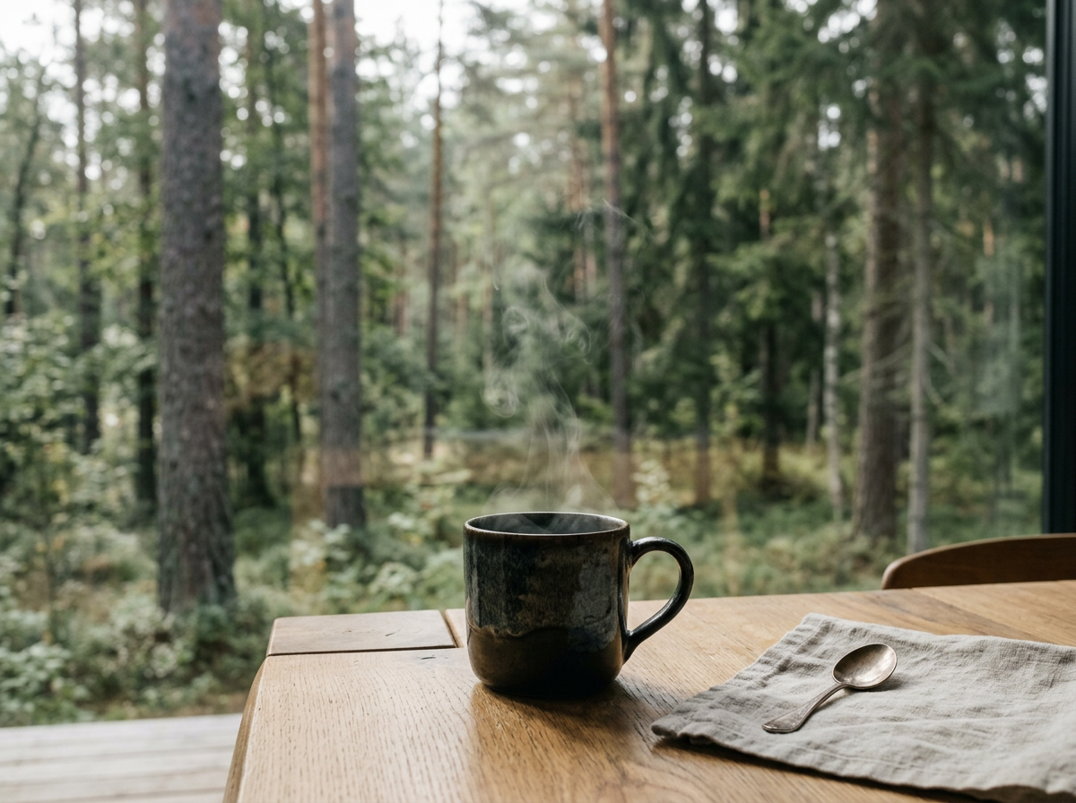 A steaming cup of coffee or tea on a wooden table near a window overlooking a forest with tall trees and green foliage. There is a spoon resting on a cloth napkin beside the cup.