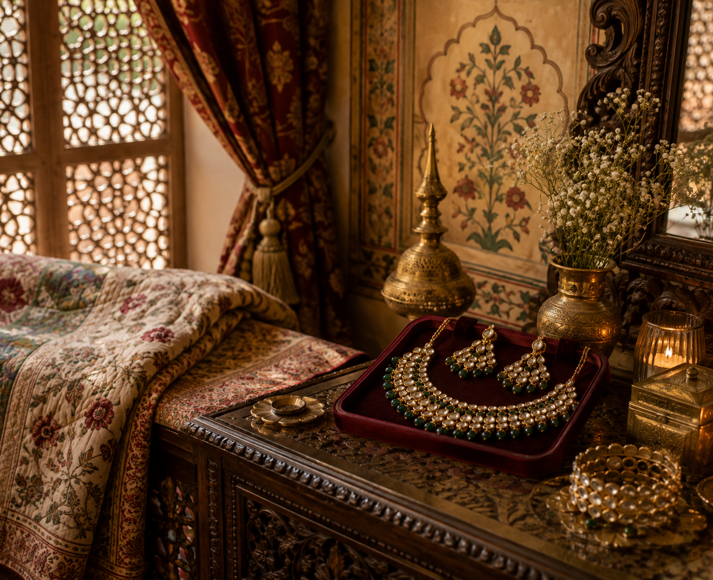 An ornate bedroom with a bed covered in floral patterned fabric, and a wooden side table displaying traditional jewelry, including necklaces and earrings, with decorative lamps, vases, and tapestry in a warm, richly decorated interior.