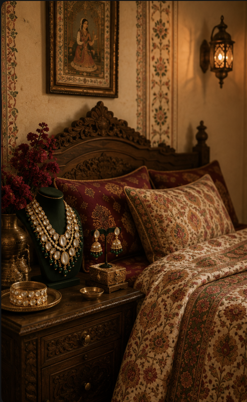 A bedroom with ornate wooden furniture and a bed dressed in richly patterned fabrics. Decorative jewelry and accessories, including a multi-strand pearl necklace, earrings, and a bracelet, are displayed on a black bust and small stand on a nightstand. There is a vase with red flowers, a framed picture on the wall, and a lit hanging lantern providing warm lighting.