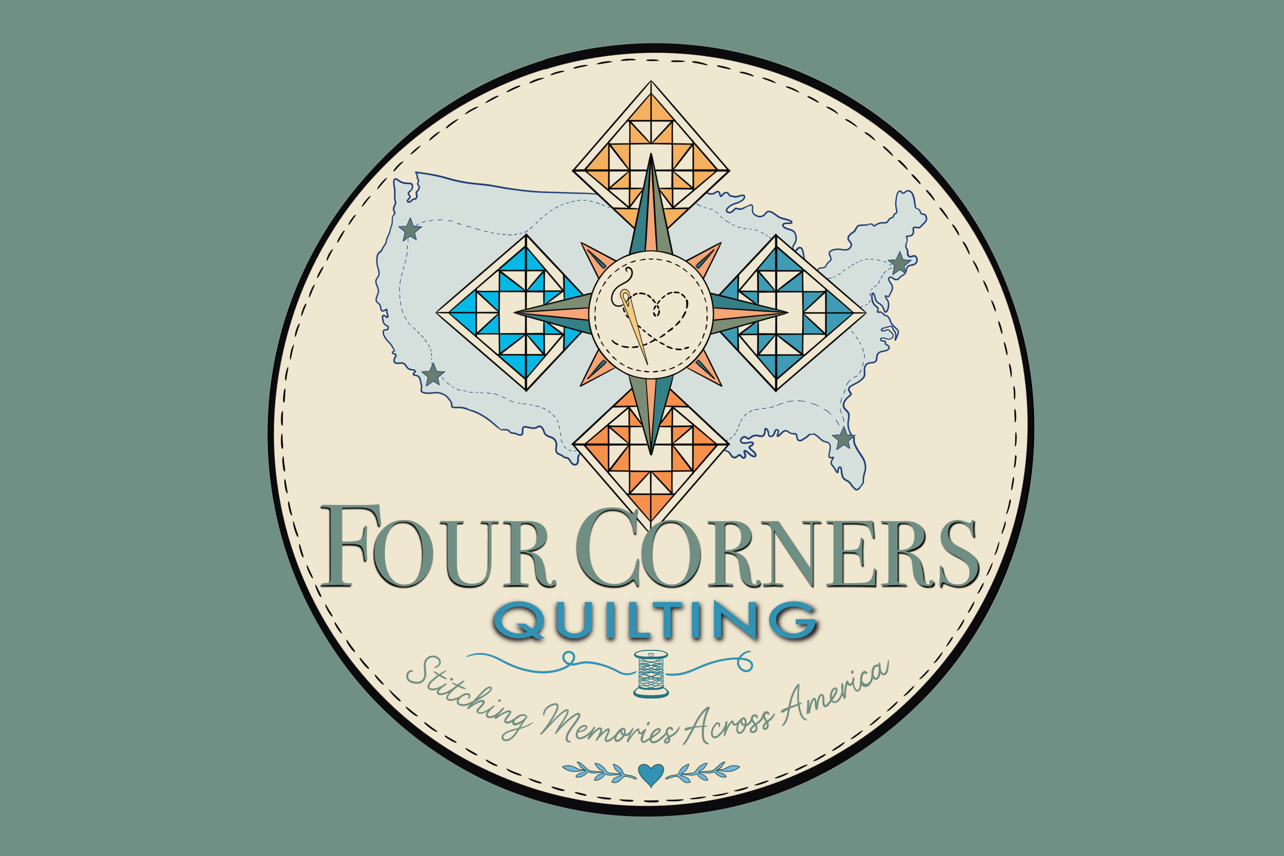 Logo for Four Corners Quilting featuring a map of the United States with a compass rose and quilt block designs, with the tagline "Stitching Memories Across America."