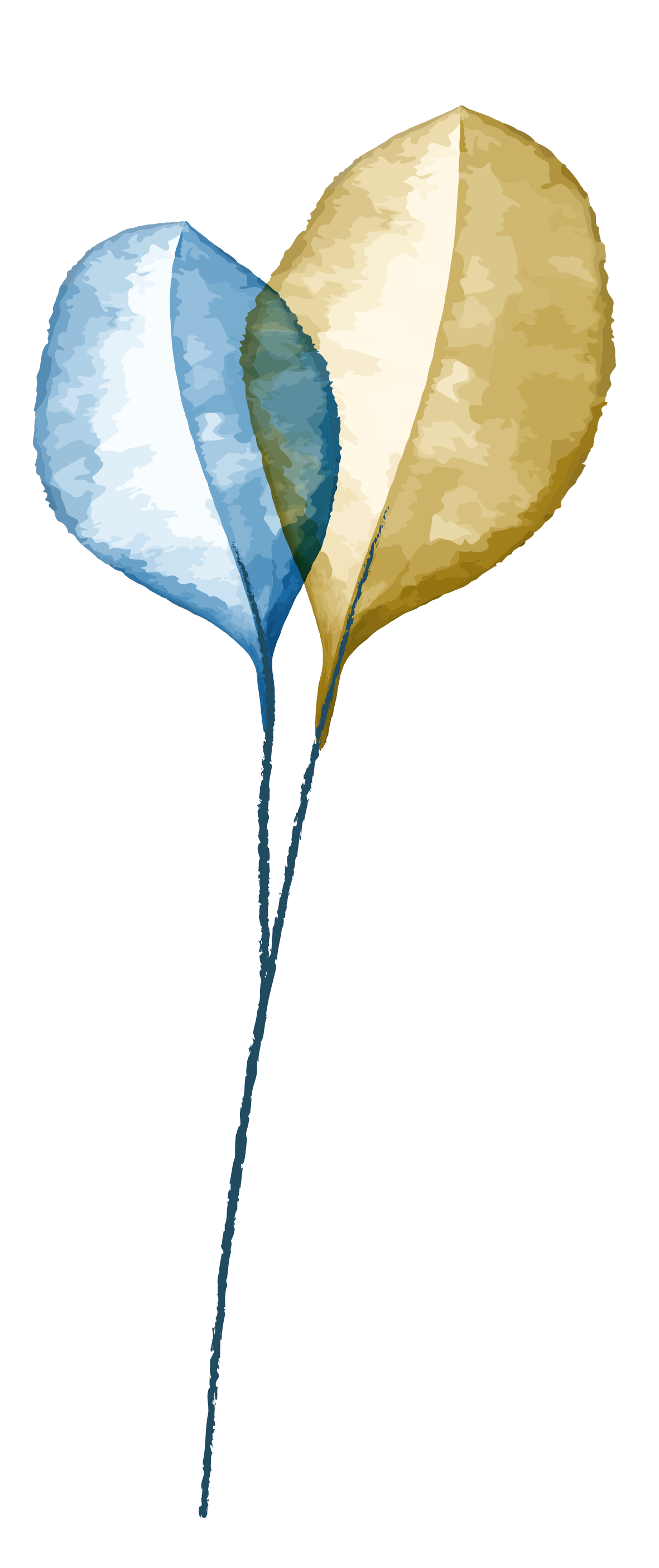 Watercolor painting of a branch with blue and yellow leaves.