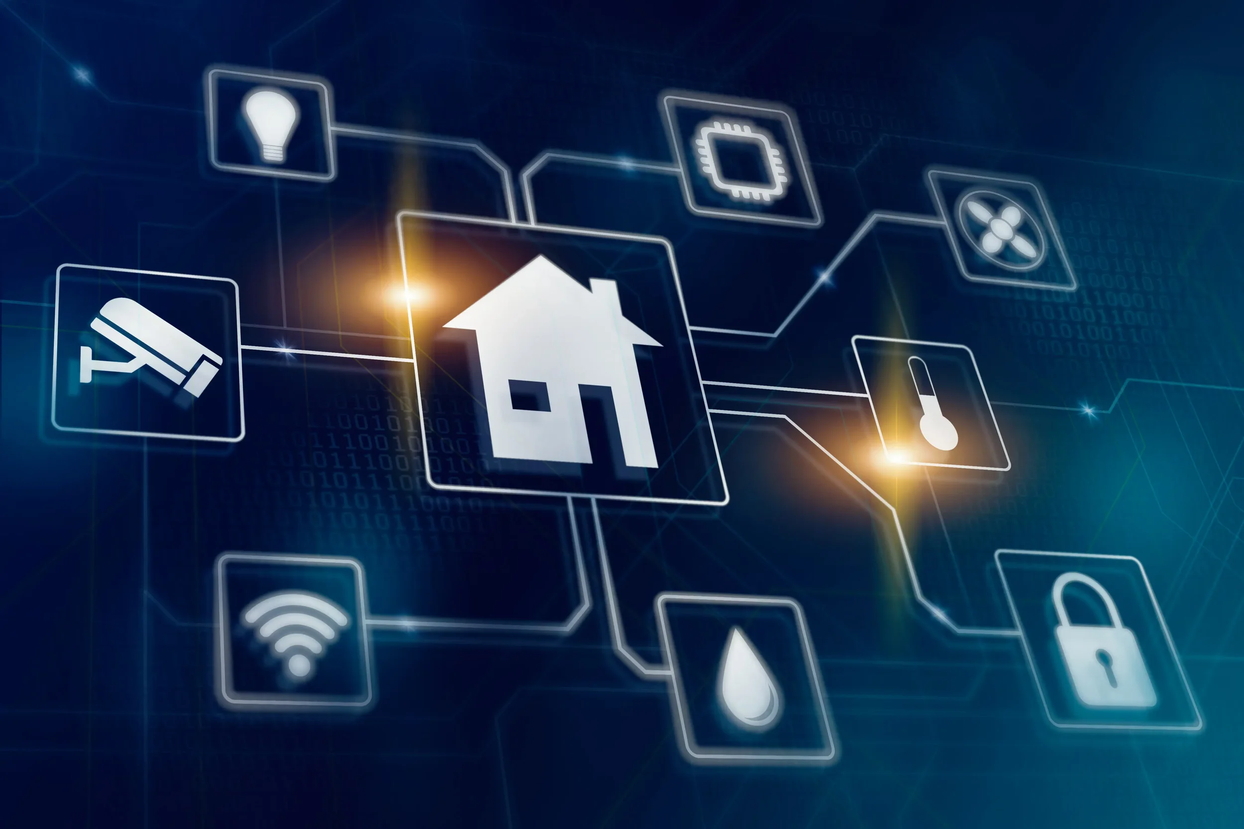Dijital dünyada akıllı ev teknolojilerine ait simgeler ve ikonlar, sıcaklık sensörü, akıllı priz, Wi-Fi, ışık ampülü, mikroçip, ve fan simgeleri içeren görsel.