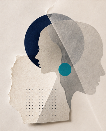 Abstract digital illustration of two overlapping women's profiles with geometric shapes and textured backgrounds.