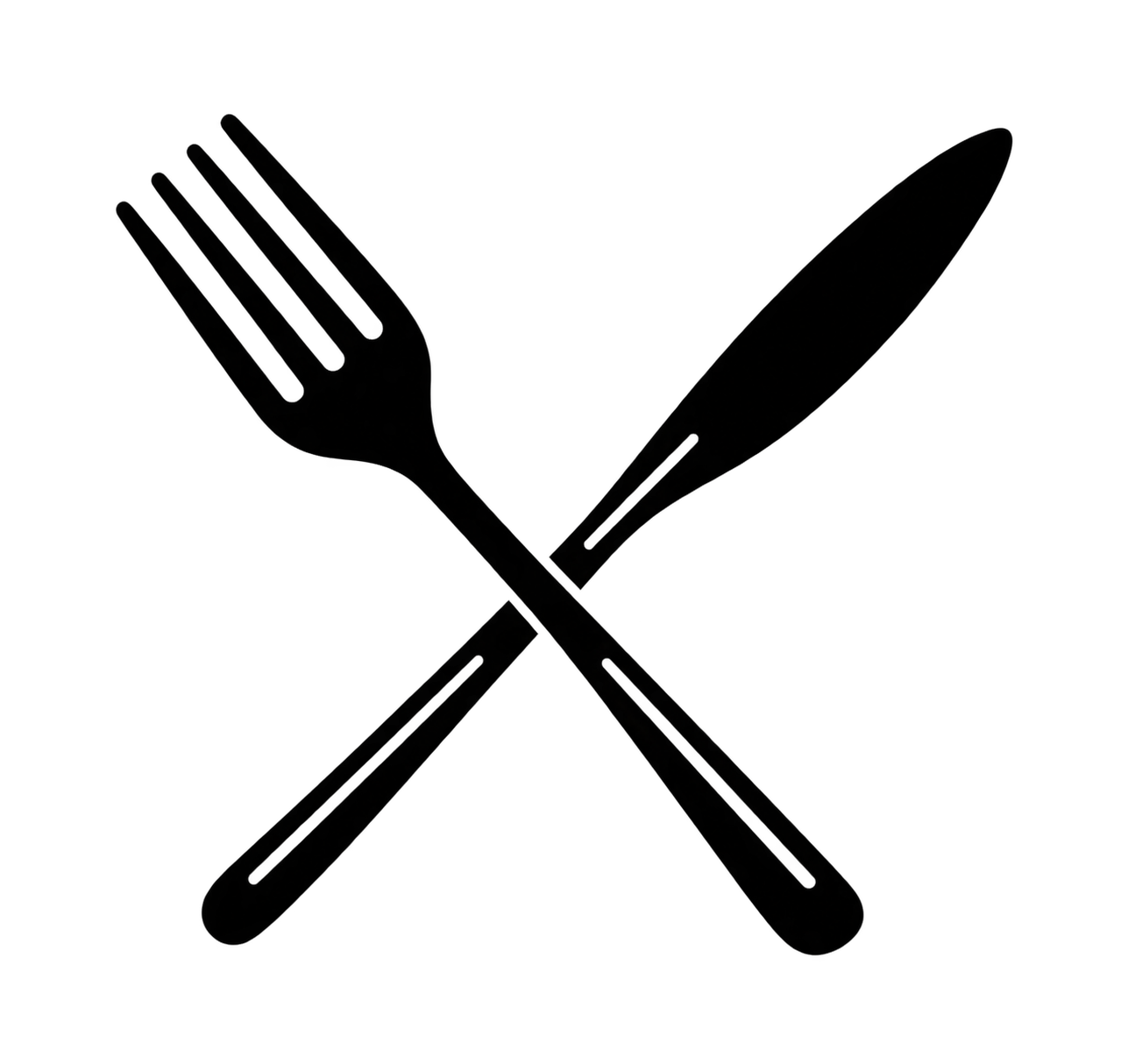 Silhouette of a fork and knife crossed over each other on a black background.