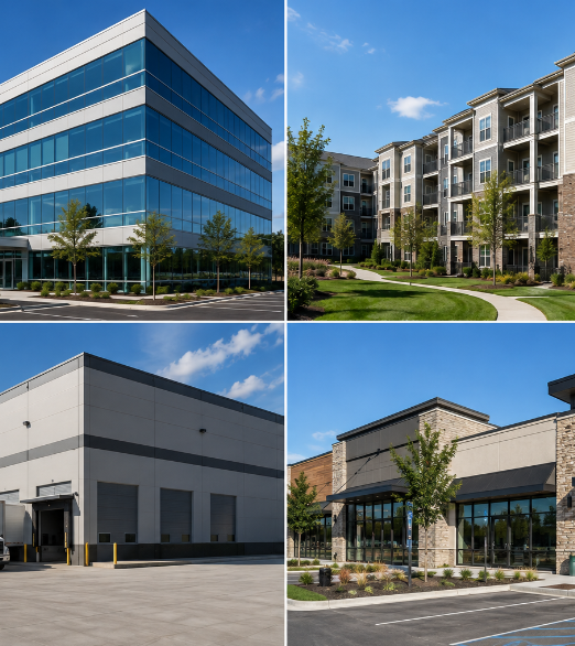 Collage of four buildings: a modern glass office building, a residential apartment complex with balconies and green lawn, a plain industrial warehouse, and a commercial retail store with large glass windows.