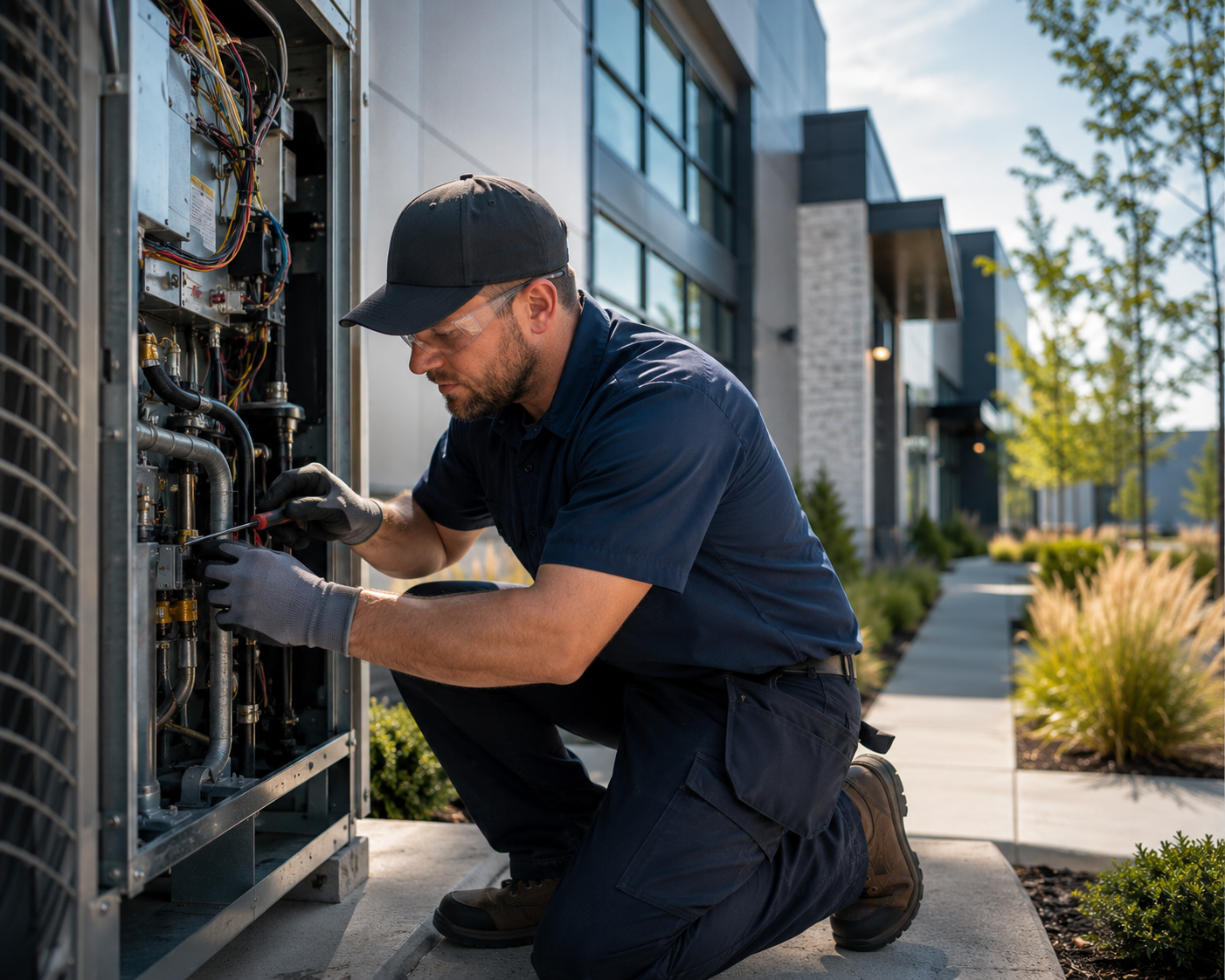 Technician working on outdoor HVAC unit, inspecting and repairing components with tools, wearing safety glasses and gloves.
