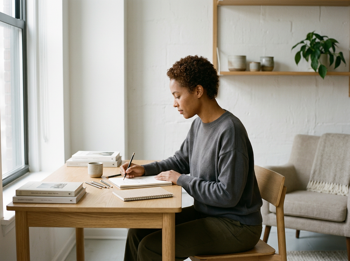 Women sitting at a wooden desk near a window, writing in a journal, with stacked books, a cup, and notebooks on the desk, in a cozy room with shelves and a sofa in the background.