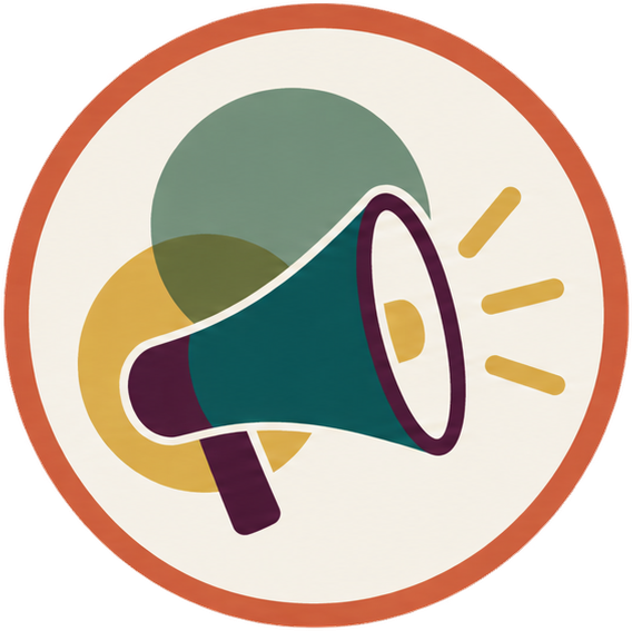 A friendly graphic of a megaphone with sound lines coming out, surrounded by colorful circles.