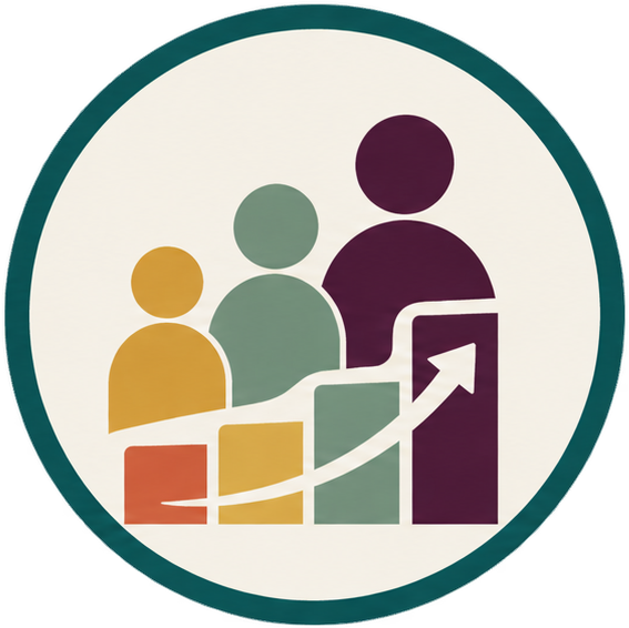 Graphic of three human figures of different sizes and colors, accompanied by ascending bar charts with an upward arrow, representing growth or progress.