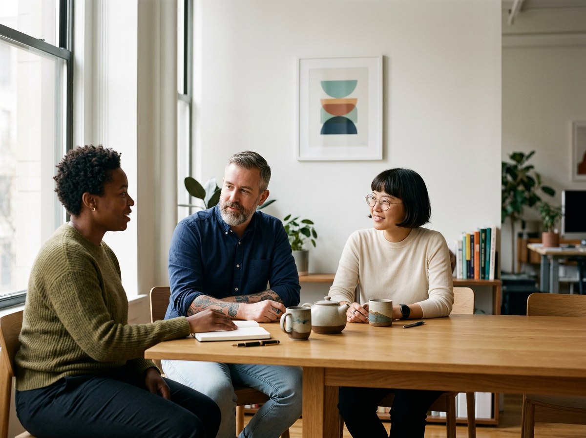 Three people sitting at a wooden table in a bright room, having a conversation. There are notebooks, mugs, and a teapot on the table. The room has large windows and minimalistic decor with a framed abstract art piece on the wall and some green plants in the background.