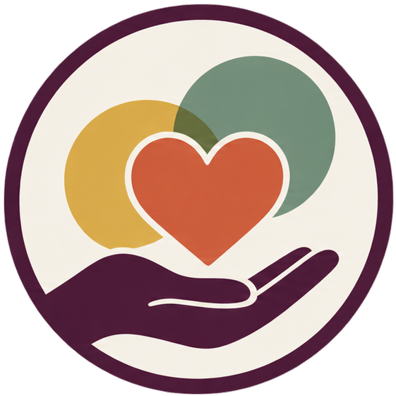 Illustration of a hand holding a red heart with overlapping yellow and green circles in the background.