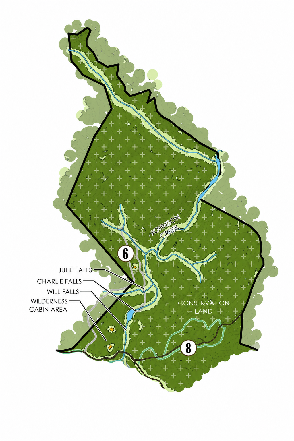 Map of a natural area with Johnson Creek running through it. The map highlights features such as Julie Falls, Charlie Falls, Will Falls, Wilderness Cabin Area, and Conservation Land. A black boundary outlines the area, and various trails and water bodies are shown.