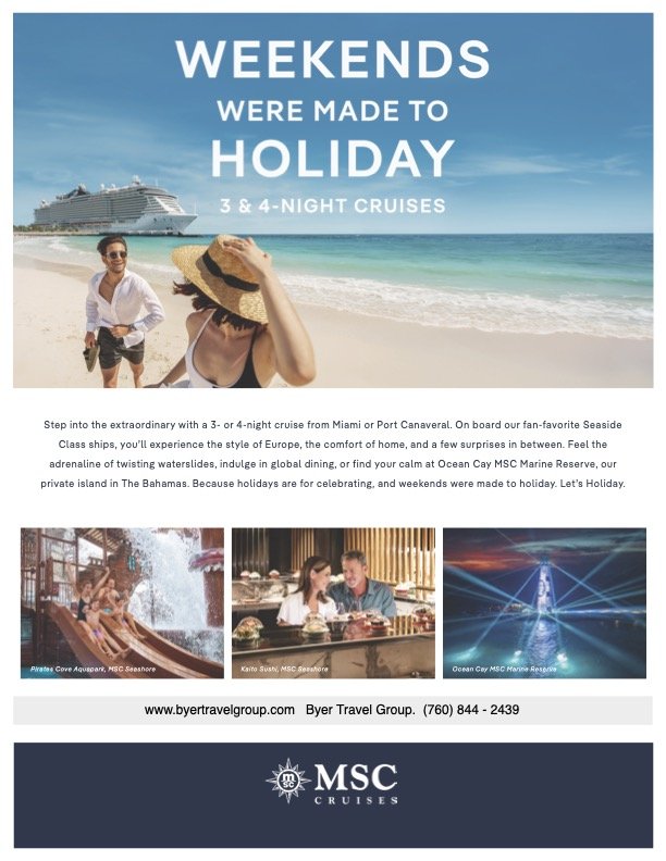 A promotional flyer for MSC Cruises advertising 3- and 4-night cruises from Miami or Port Canaveral, featuring images of a cruise ship, a woman and a child on the beach, a water park, a couple dining, and an underwater scene at Ocean Cay Marine Reserve.