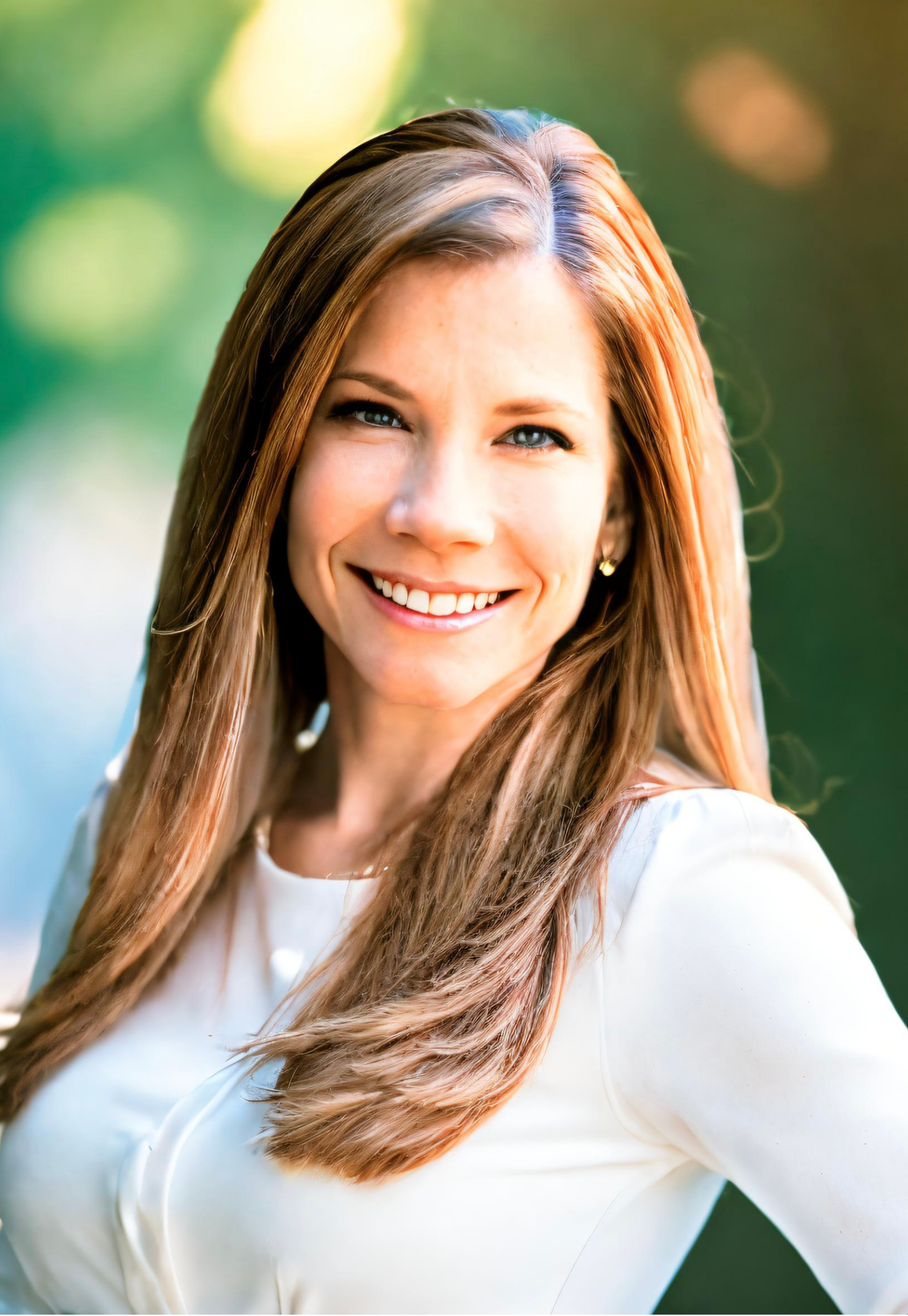 Dr. Lisa Kruger, Therapist in Alexandria, VA, smiling with long, wavy, reddish-brown hair wearing a white top, outdoors with blurred green background.
