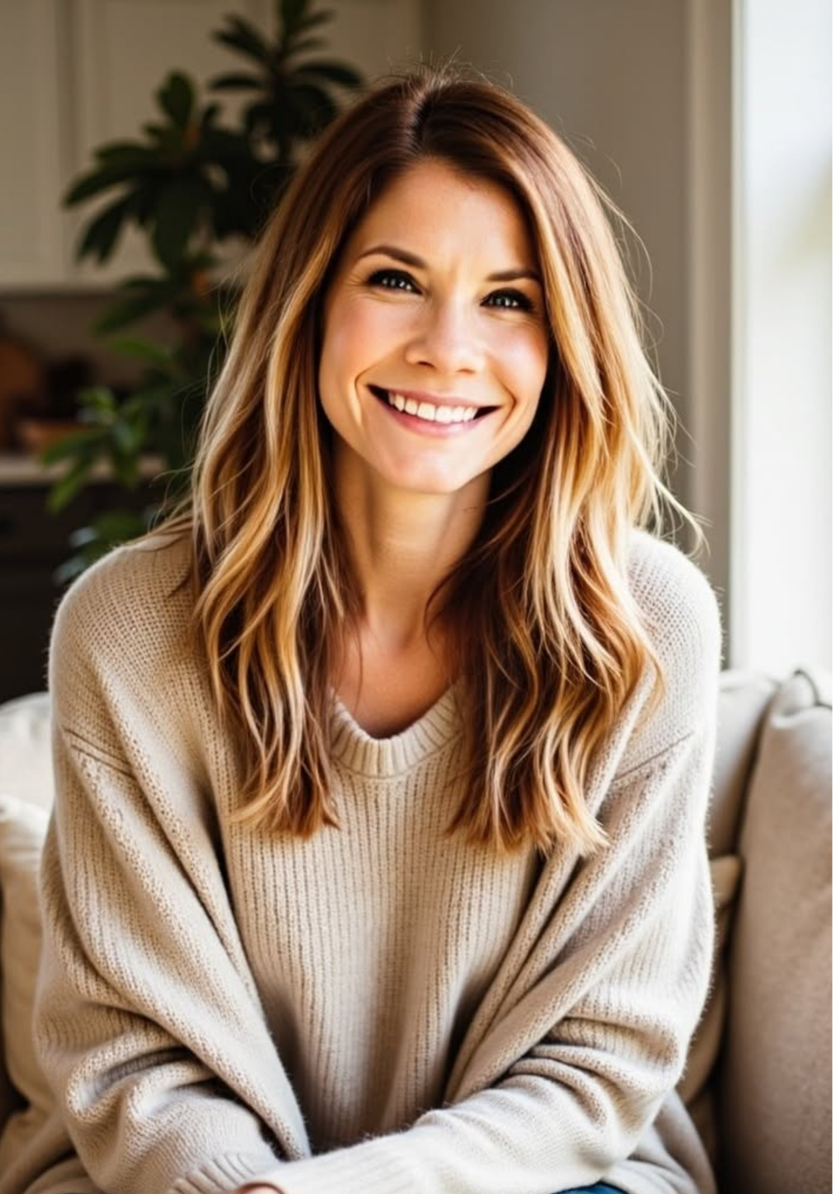 A smiling woman with long, wavy, light brown hair wearing a beige sweater sitting in a cozy indoor setting with a plant and natural light coming from the window.