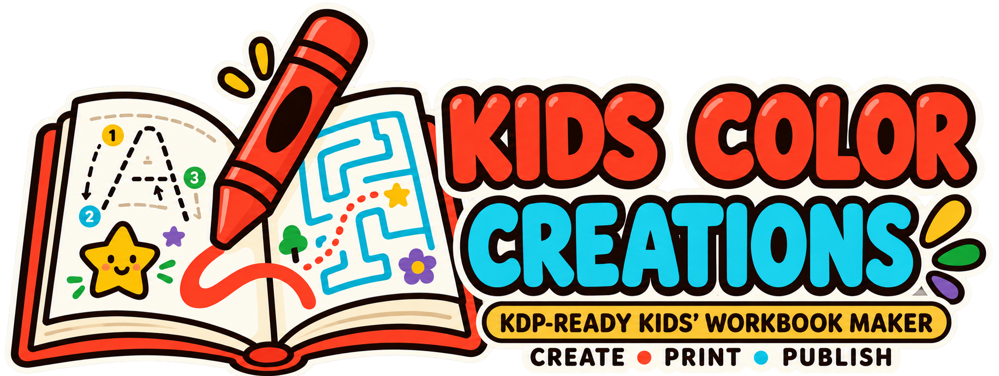 Colorful sticker for 'Kids Color Creations' workshop featuring an open book with a star and a dotted path, a large red crayon, and bright, playful text