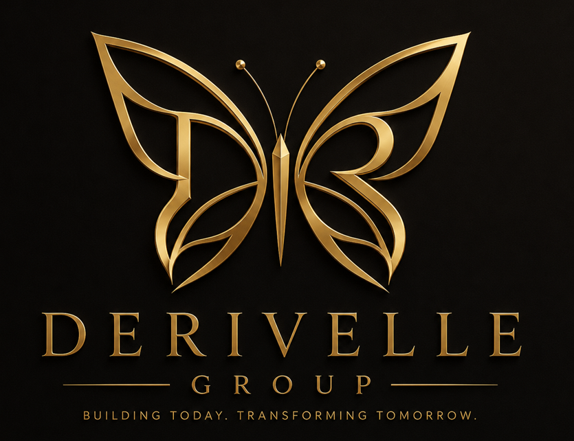 Gold butterfly logo with the words "Derivelle Group" and the slogan "Building today. Transforming tomorrow." on a black background.