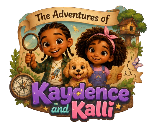 Logo for the children's show "The Adventures of Kaydence and Kalli", featuring two smiling girls with curly hair, one holding a magnifying glass, and a small dog, with outdoor trees and a treehouse in the background.