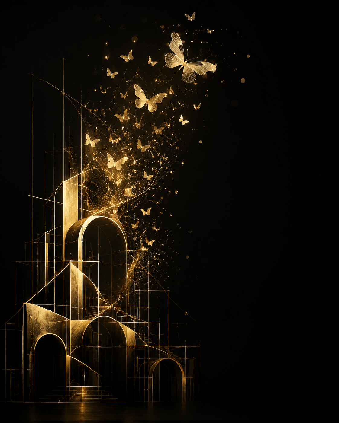 Golden glowing architectural structure with arches and steps, depicted in a digital or artistic style. Golden butterflies and sparkles emanate from the structure, set against a black background.