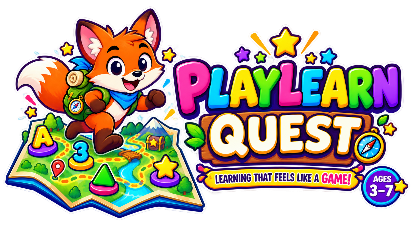 Colorful illustration for PlayLearn Quest, a learning card game for children ages 3 to 7. Features a cute fox character with a backpack, over a map with trees, mountains, and markers, surrounded by stars and symbols.