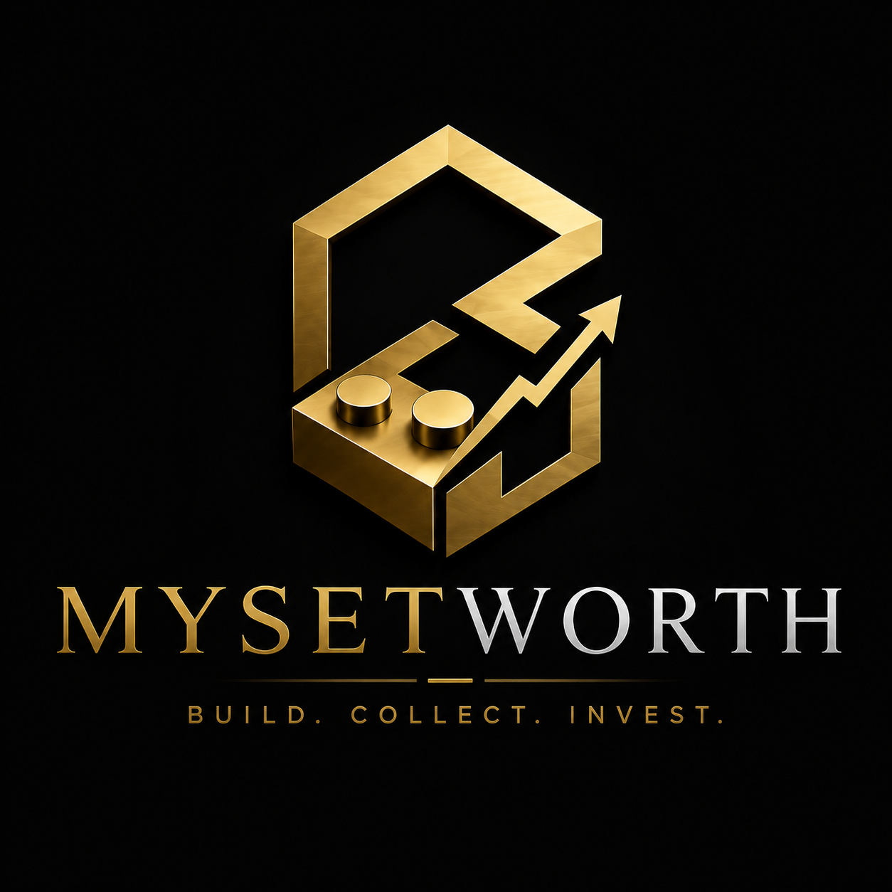 Gold and black logo featuring a potted plant with an upward trending arrow, the name 'MYSETWORTH' below, and the tagline 'BUILD. COLLECT. INVEST.'