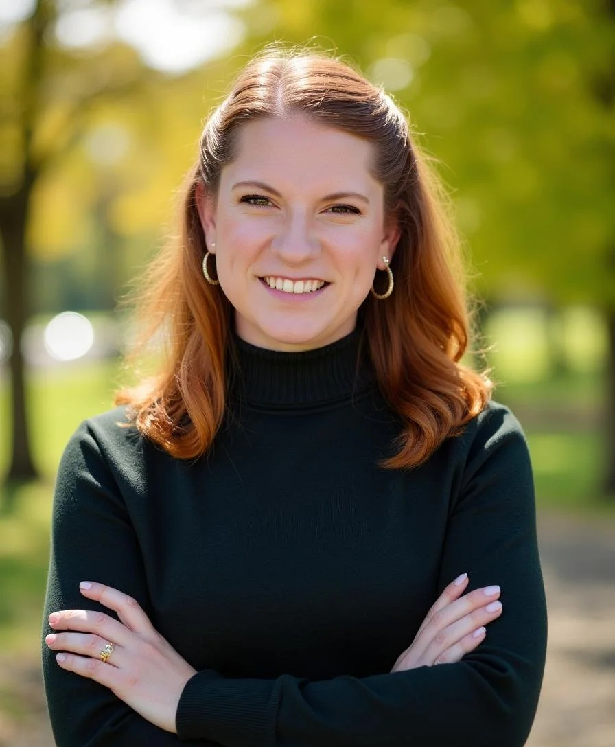 A woman with red hair, smiling with arms crossed, standing outdoors in a park with trees in the background.