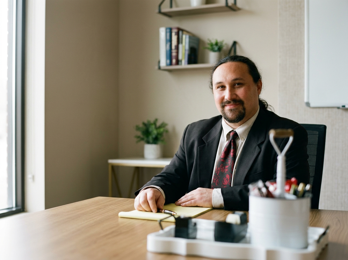 A man in a suit sitting at an office desk with a notepad and pen, smiling and looking at the camera. The background includes a bookshelf, a potted plant, and a whiteboard.