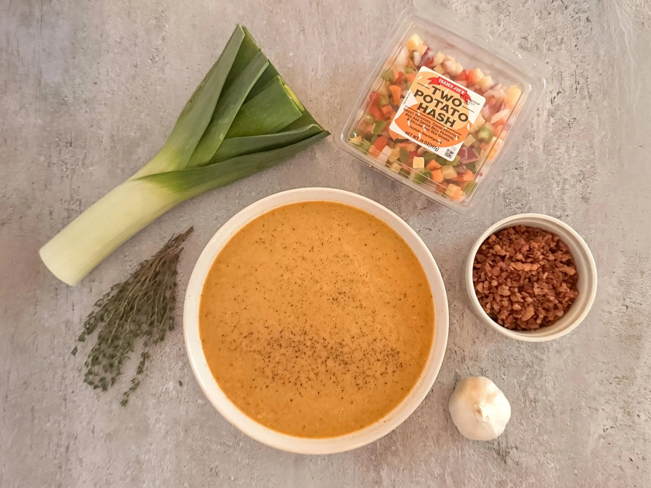 Creamy Two Potato Hash &amp; Leek Soup