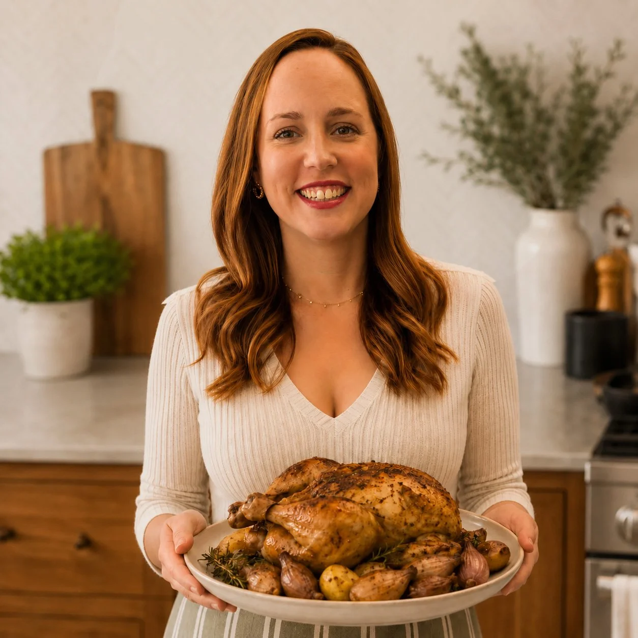 A woman with red hair and a warm smile holding a roasted turkey on a white platter in a cozy kitchen.