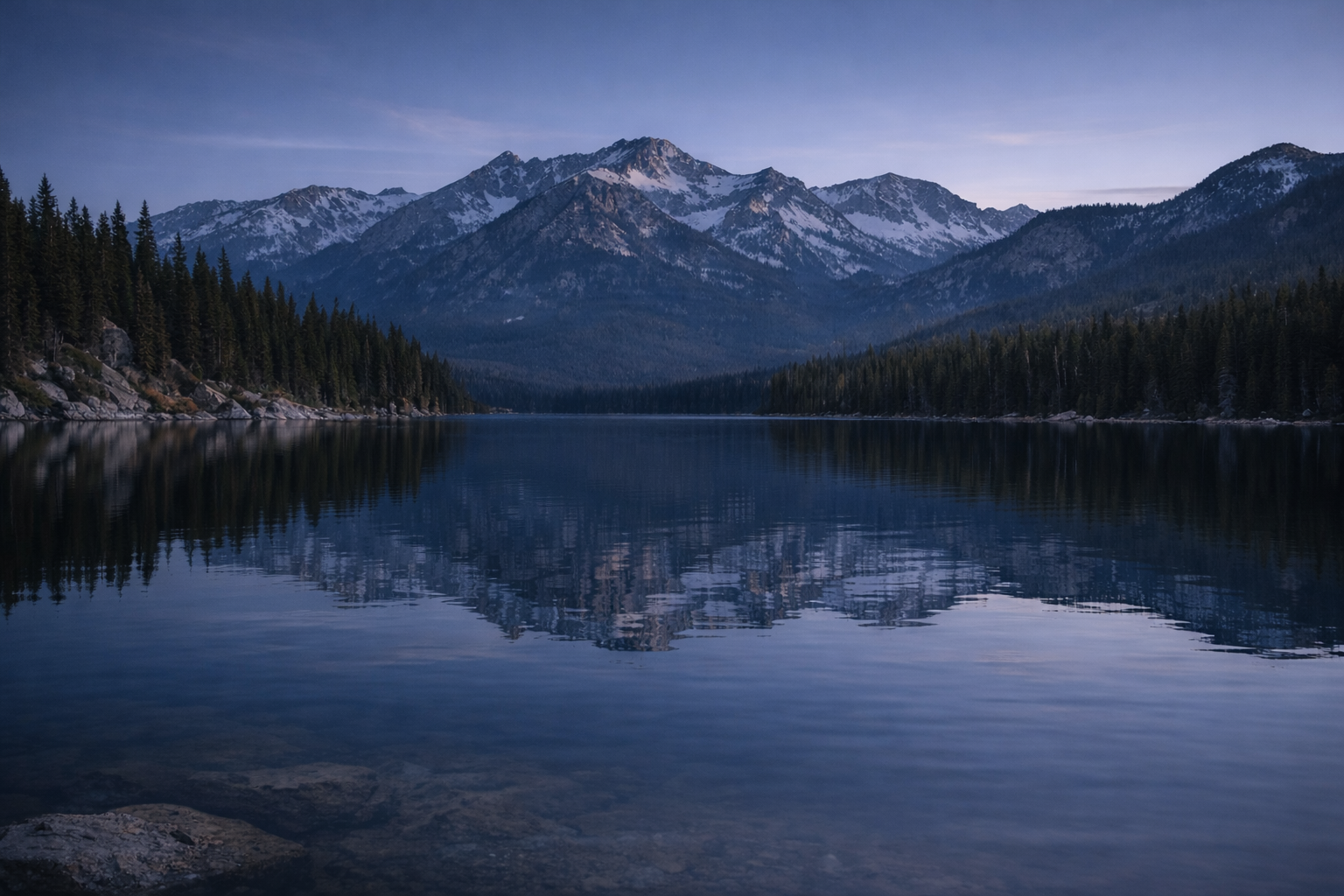 Snow-capped mountains reflected in a calm lake surrounded by dense evergreen forest during dusk or dawn.