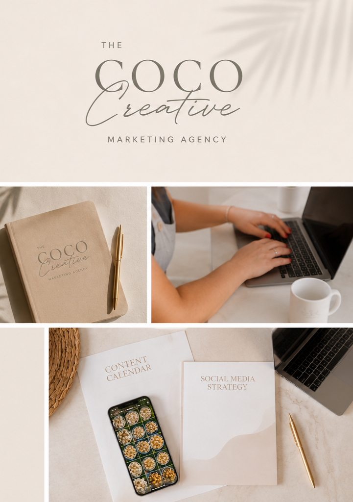 Logo of The Coco Creative Marketing Agency on a beige background. Office flat lay including a notebook with the logo and a gold pen, a person typing on a laptop with a white mug, a content calendar and social media strategy papers, a smartphone displaying a grid of images, and a gold pen.